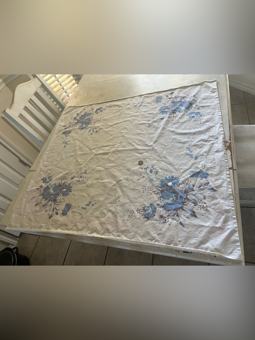 Vintage Cotton Tablecloth 1950s Blue Floral on Off-white 34" X 31"